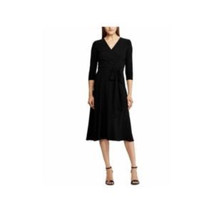 RALPH LAUREN Womens Black Belted 3/4 Sleeve Below The Knee Fit + Flare Dress 8
